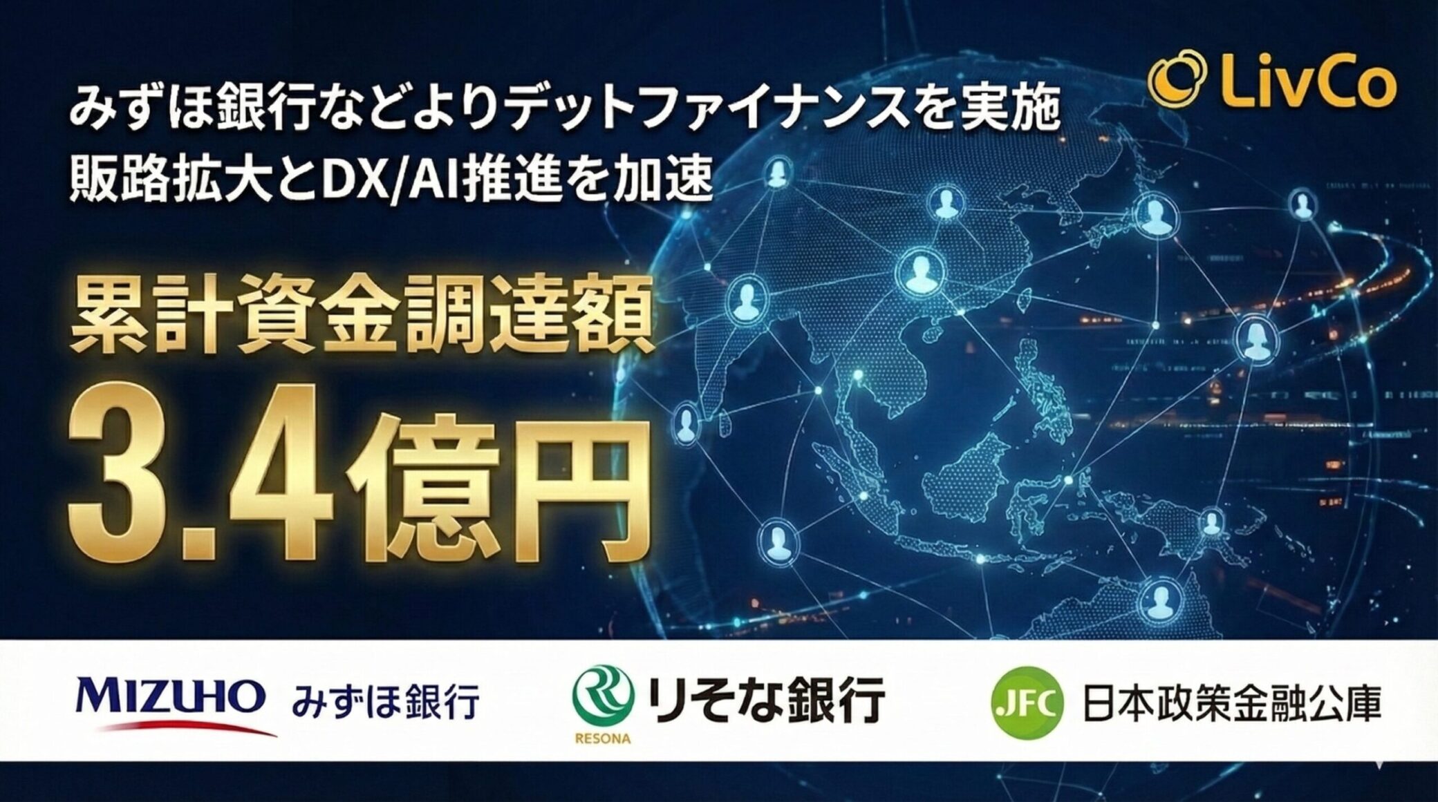 みずほ銀行・りそな銀行・日本政策金融公庫からデットファイナンスによる総額1.8億円の資金調達を実施。販路拡大とDX・AI推進を強化。累計調達額は3.4億円に。